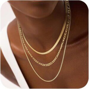 NEW! Women Gold Choker Stackable Necklaces Simple Figaro Box Chain